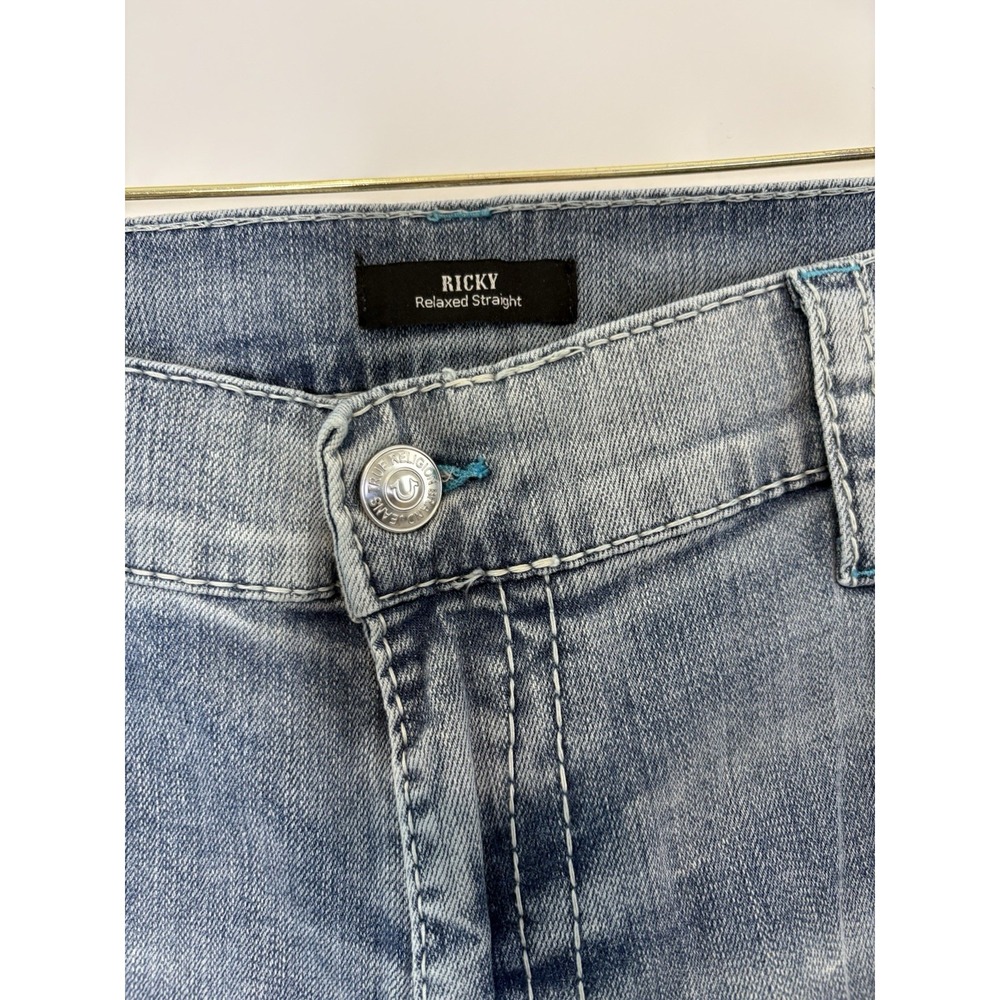 True Religion Ricky Relaxed Straight Mens 46x34 Light Vintage Wash Double Flap - Picture 9 of 14